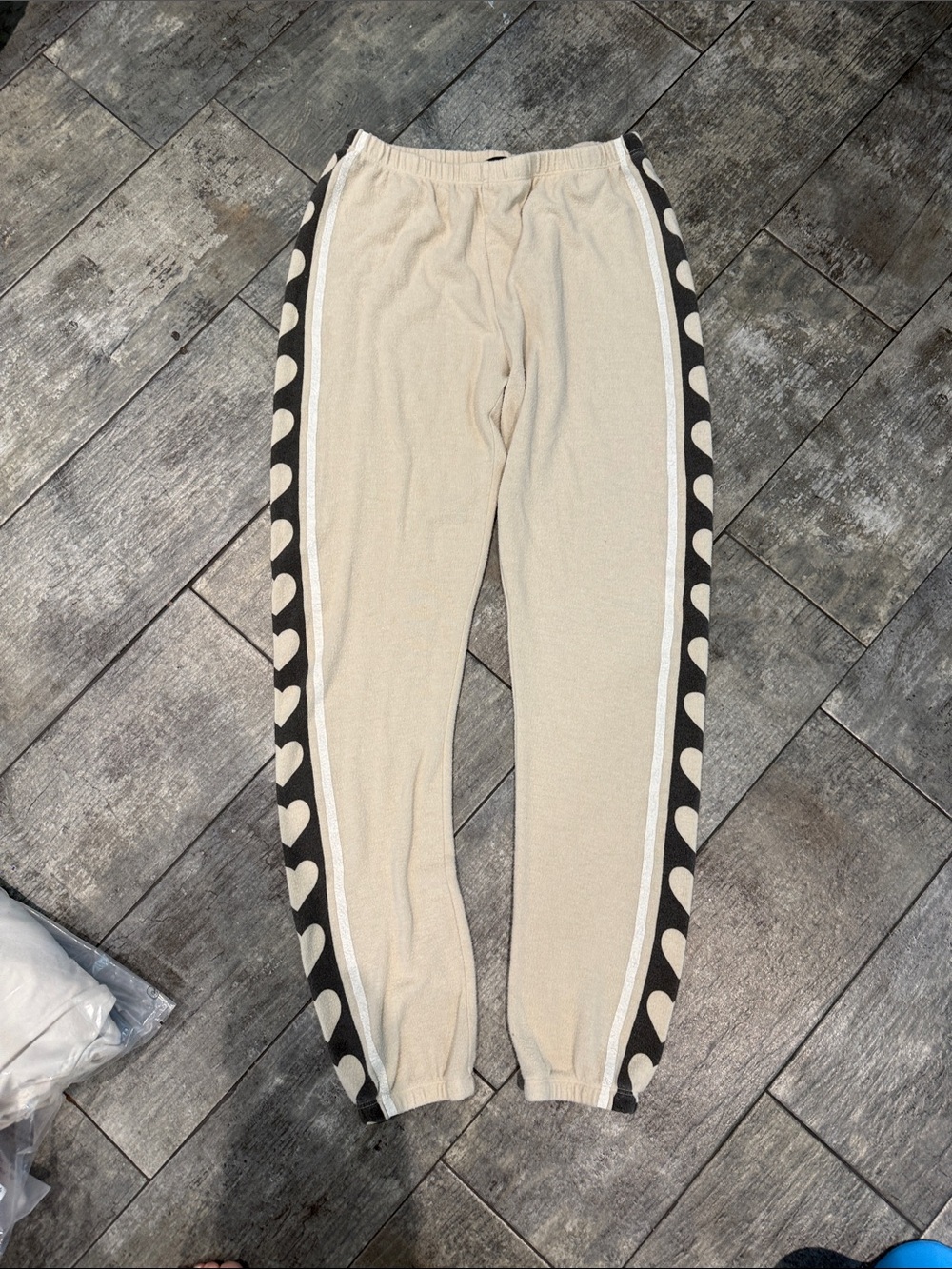 Wildfox Cream Joggers with Black Heart-Strip Side Panels
